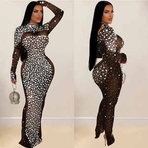 Elegant black mesh maxi dress with sparkling rhinestones and long sleeves for women