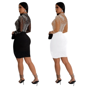 Elegant mesh long sleeve dress with rhinestones and pearl tassels in black and white