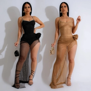 Damen Sexy Netzgewebe Strass Top Und Bottom Set Elegant Rückenfrei Gespleißt Maxi Kleid Für Club Party Abendgarderobe