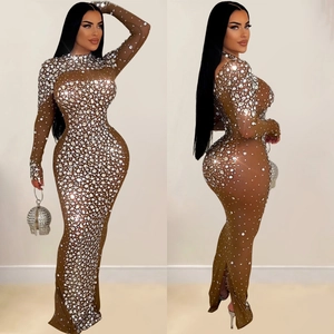 Elegant dark brown mesh maxi dress with sparkling rhinestones and long sleeves for women