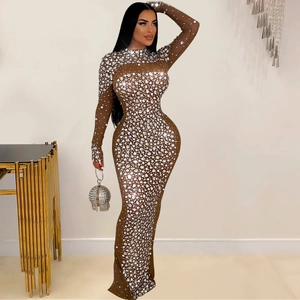 Detail of sheer brown mesh evening gown with silver rhinestones and matching round bag