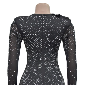 Macro detail of black long sleeve dress with sparkling rhinestones and feather accents
