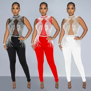 Women Sexy Mesh Rhinestone Jumpsuit High Neck Sleeveless Slim Fit Party Elegant Jumpsuits Clubwear Solid Color Romper Trousers