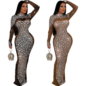 Detail of sheer mesh maxi dress featuring sparkling rhinestones and long sleeves