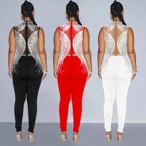 Detailed back view of mesh jumpsuit with radiant rhinestone embellishments in three colors