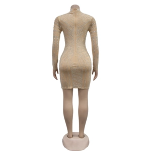 Détail de la robe en mesh nude avec strass argentés formant un motif géométrique