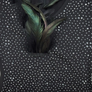 Detail of black dress featuring silver rhinestones and premium dark green feather trim