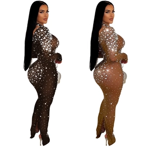 Elegant rhinestone mesh long sleeve dress with side slit and mock neck for women