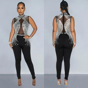 Elegant black sleeveless jumpsuit with sheer mesh and silver rhinestones, front and back view