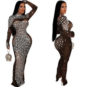 Detailed view of black mesh maxi dress with sparkling silver rhinestones and high collar