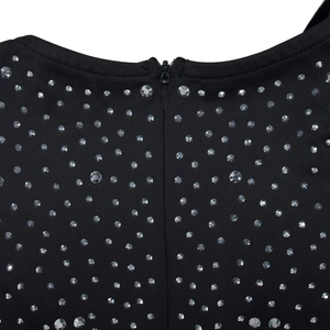 Detail of back invisible zipper and silver rhinestones on black mesh feather dress