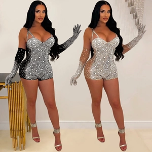 Women Mesh Rhinestone Romper Set Sleeveless Slim Sexy Party Bodysuit With Long Gloves Club Nightwear Elegant Outfits