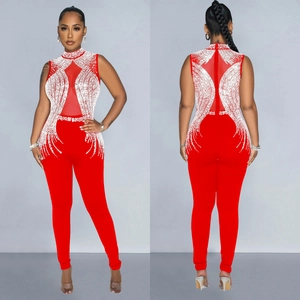 Sleeveless red jumpsuit with mesh details and silver rhinestones, front and back view