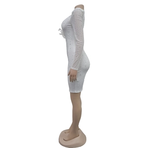 Detail of white bodycon dress featuring silver rhinestones and 3D mesh floral decoration