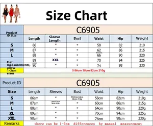 Tableau des tailles pour robe courte à paillettes C6905 avec mesures de taille et hanches