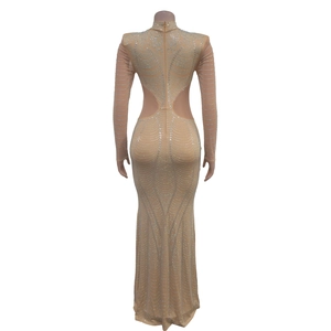 Detail of sheer mesh evening gown featuring silver rhinestones and back cutout design