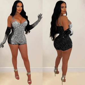 Sparkly rhinestone mesh romper with matching long gloves for party clubwear fashion