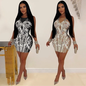 Vestito Mini in Mesh con Strass da Donna Sexy Senza Maniche Bodycon Vestito da Festa Nightclub Geometrico Luccicante