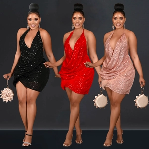 Robe Mini Sexy à Paillettes Halter Dos Nu Col en V Profond Bodycon Robe de Soirée pour Femmes Élégante Robe de Club