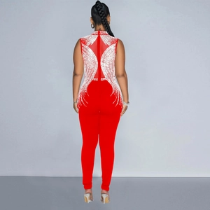 Detail view of red slim jumpsuit showing silver rhinestone feather pattern on the back