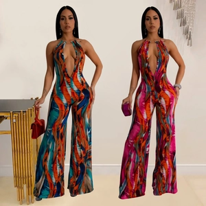 Women Halter Deep V Neck Jumpsuit Abstract Print Backless Wide Leg Jumpsuit Sleeveless Fashion Sexy Long Jumpsuit Outfit