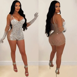 Sparkling mesh bodysuit set with rhinestones and matching long gloves for women