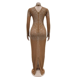 Detail of the back zipper and slit on a brown mesh long dress with silver rhinestones