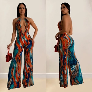 Abstract print backless halter jumpsuit with deep V-neck and wide leg trousers
