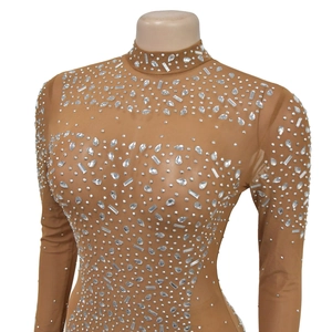 Detail of sheer mesh dress with silver rhinestones and high neck on a mannequin
