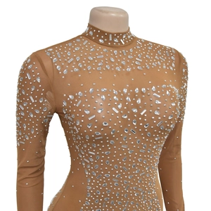 Detail of sheer mesh dress with high neck and intricate crystal rhinestone patterns