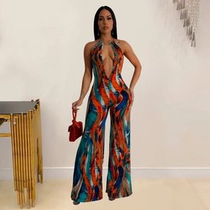 Women abstract print wide leg jumpsuit with deep V-neck and halter open back design