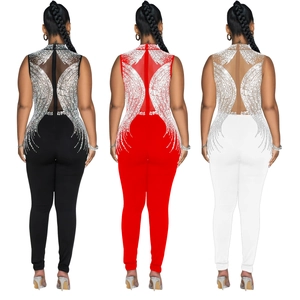 Women's sleeveless mesh jumpsuit with rhinestone wing back detail in black, red, and white