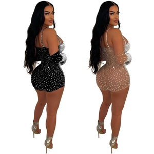 Mesh rhinestone romper with matching sleeves in black and nude colors for women