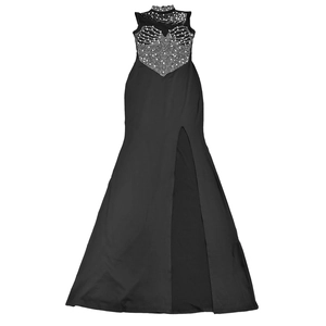 Detail view of high neck mesh with rhinestones and high slit on a black sleeveless gown