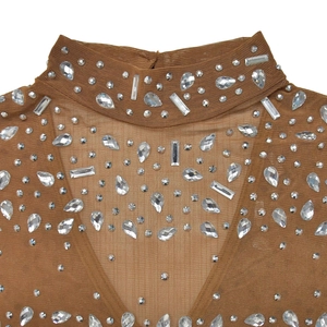 Close-up of brown sheer mesh dress featuring intricate crystal rhinestone embellishments