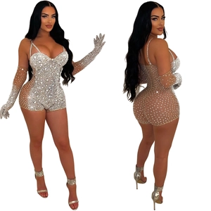 Close-up of mesh bodysuit with silver rhinestones and matching long gloves set