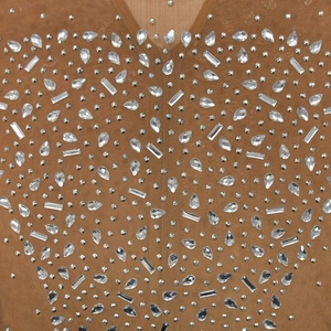 Detailed close-up of nude mesh fabric featuring shimmering rhinestone patterns on dress