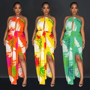 Women Halter Neck Maxi Dress Tropical Botanical Print Backless High Slit Hollow Out Elegant Summer Vacation Long Dress