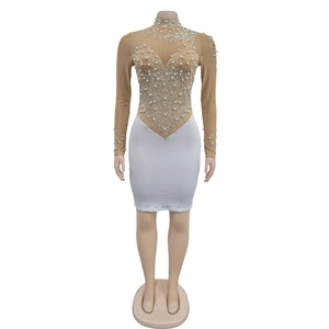 Detailed view of long sleeve mesh dress with white pearls and rhinestones on bodice