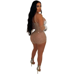 Sparkly rhinestone mesh bodysuit set with detachable long sleeves for party wear