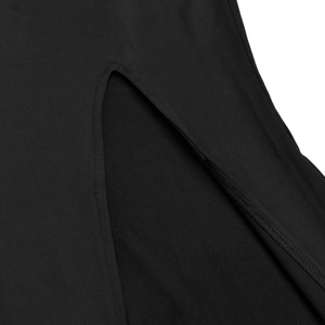 Detailed close-up of side slit design with precise double-needle stitching on black mesh