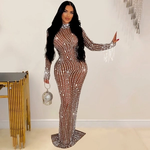 Détail d'une robe en tulle transparent avec strass verticaux et pompons aux poignets