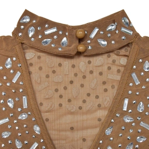 Detail of high collar mesh dress with sparkling silver rhinestones and two-button closure