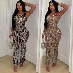 Vestito Maxi da Donna Sexy in Mesh Trasparente con Strass Senza Maniche Collo Lupetto Bodycon per Feste e Club