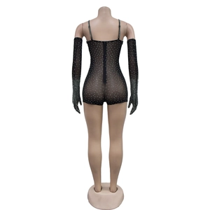 Detail of black mesh bodysuit with rhinestones and matching long gloves, back view zipper
