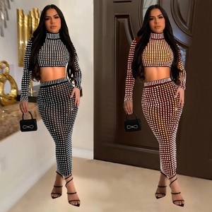 Women's Elegant Mesh Rhinestone Long Sleeve Crop Top And Slim Side Slit Long Skirt Outfit Party Clubwear Clothing