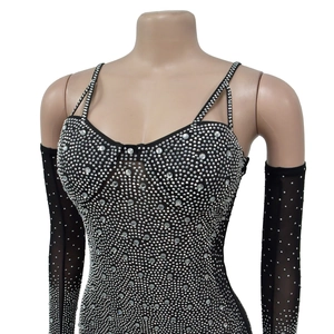 Detailed view of black mesh bodysuit with shiny silver rhinestones and matching sleeves