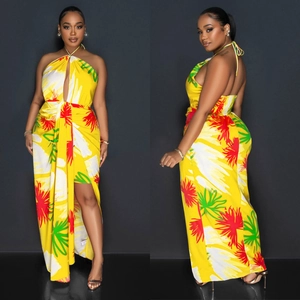 Halter neck backless maxi dress with yellow tropical palm leaf print and side high slit