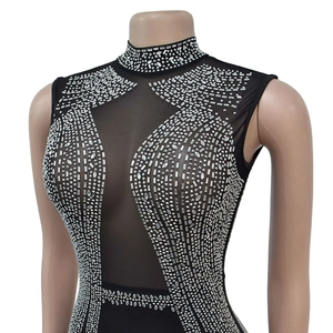 Detail of black mesh jumpsuit with silver rhinestone patterns and sleeveless mock neck