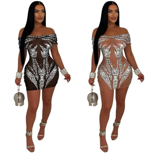 Gros plan de paillettes argentées sur une robe de soirée sexy en mesh transparent